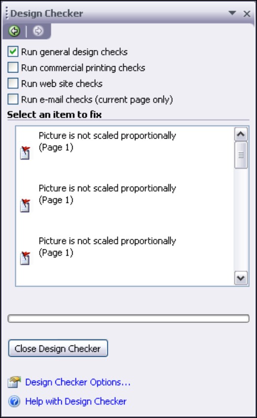 Figure 12-1: The Design Checker runs a newsletter check.